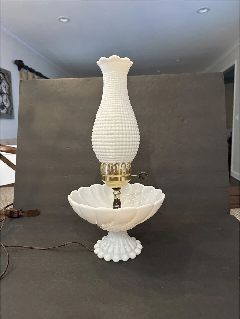 Rare Vintage Milk Glass Hurricane Lamp Bowl Trinket Base 17.5” H By 9” W Gold